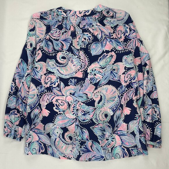 Lilly Pulitzer Elsa Top Navy Holy Flockamolie Long Sleeve Silk Blouse Small - Picture 8 of 10